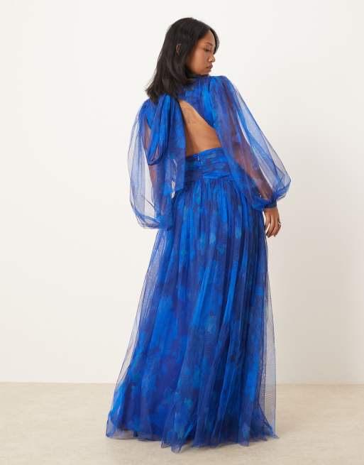 Lace & Beads Petite plunge drop hem tulle maxi dress in cobalt, 3 of 4