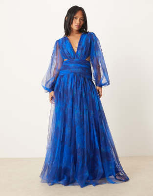 Lace & Beads Petite plunge dropped hem tulle maxi dress in cobalt-Blue