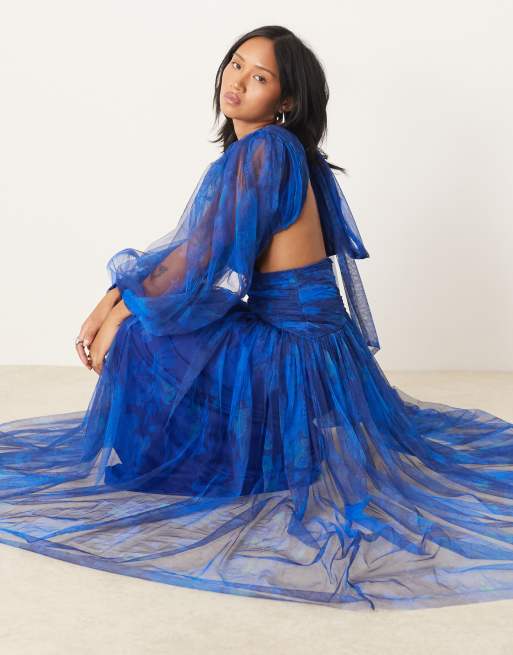 Lace & Beads Petite plunge dropped hem tulle maxi dress in cobalt