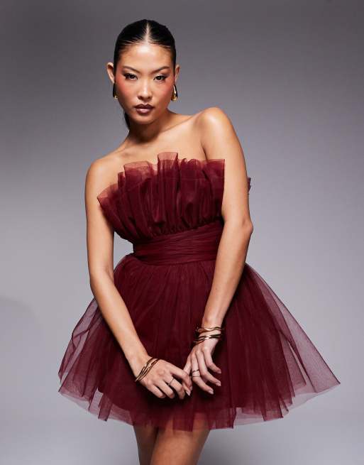 Lace & Beads Petite - Robe bandeau courte en tulle structuré - Bordeaux, 2 de 4