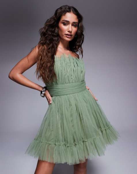 Lace & Beads Petite - Robe bandeau courte et structurée - Vert olive - view 1