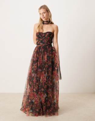 Lace & Beads Petite - Robe corset longue en tulle imprimé fleuri avec encolure façon foulard - Noir