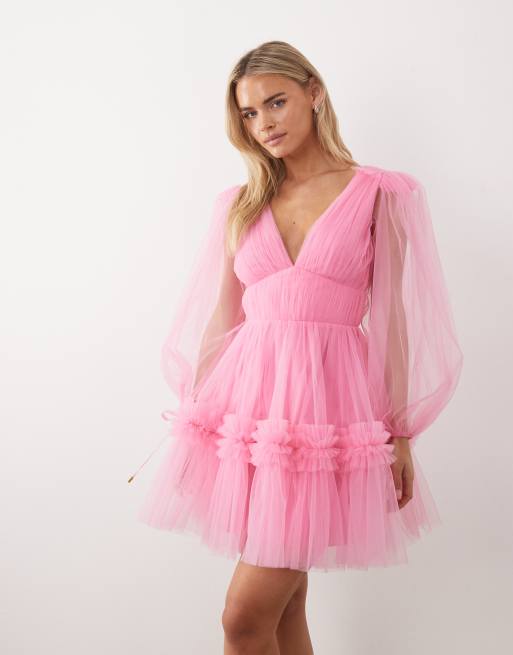 Lace & Beads Petite - Robe courte en organza à manches ballon - Rose vif, 2 de 4