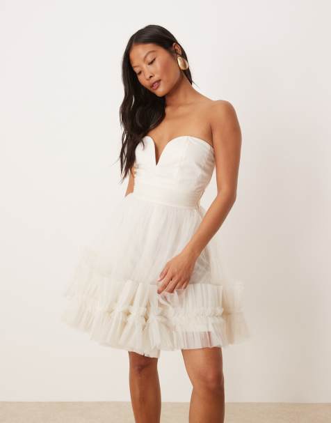Lace & Beads Petite - Robe courte en tulle à décolleté en cœur et ourlet à volants - Ivoire - view 1