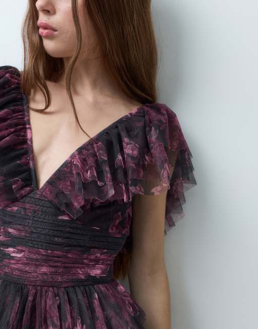 Lace & Beads Petite robe courte en tulle à décolleté plongeant, à volants, à fleurs noires, 4 de 4