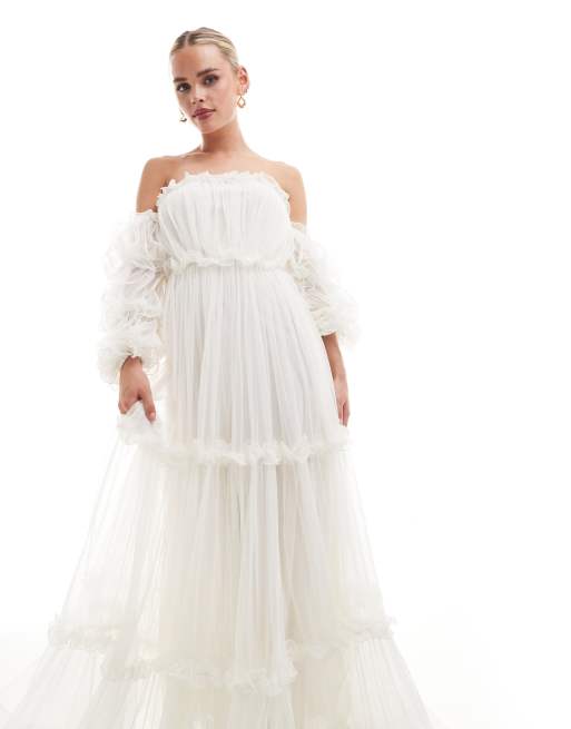 Lace & Beads Petite - Robe longue à manches bouffantes avec volants - Ivoire, 2 de 4