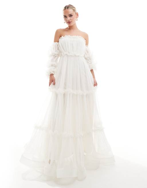 Lace & Beads Petite - Robe longue à manches bouffantes avec volants - Ivoire, 4 de 4