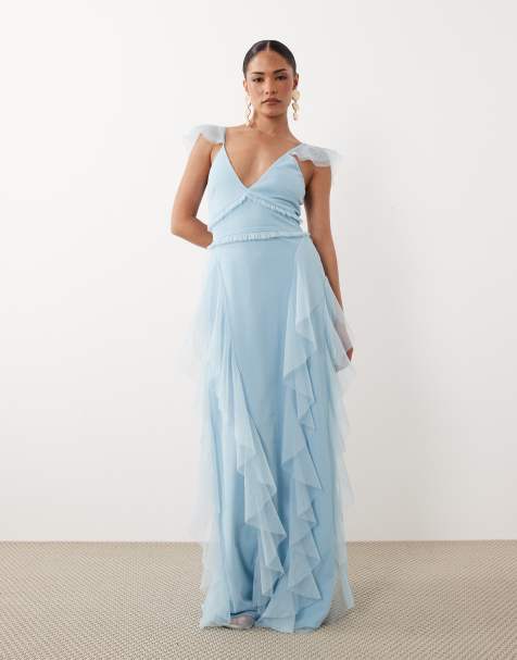 Lace & Beads Petite - Robe longue à volants en tulle avec manches évasées - Bleu pastel - view 1