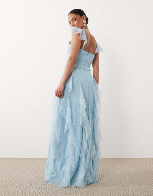 Lace & Beads Petite - Robe longue à volants en tulle avec manches évasées - Bleu pastel, 3 de 4