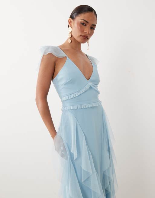 Lace & Beads Petite - Robe longue à volants en tulle avec manches évasées - Bleu pastel, 4 de 4