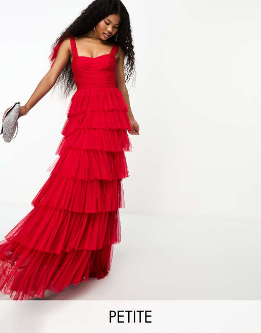 Lace & Beads Petite - Robe longue à volants et épaules nouées - Rouge