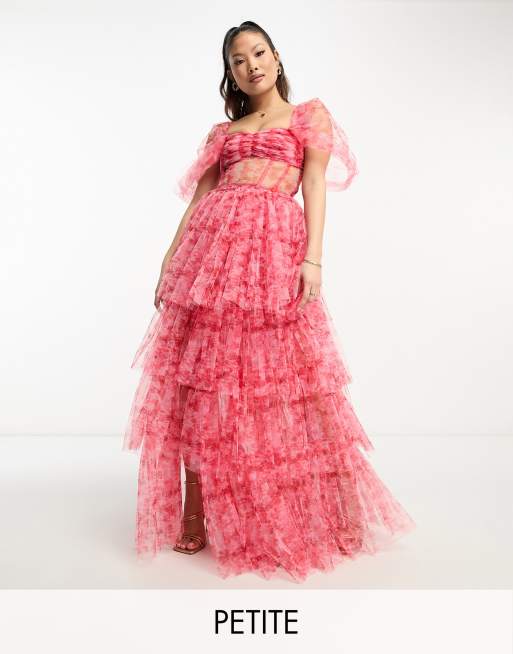 Lace & Beads Petite - Robe longue corset à épaules dénudées en tulle - Imprimé fleurs rose et rouge