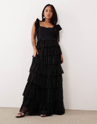 Robe longue effet étagé à épaules nouées - Noir 36