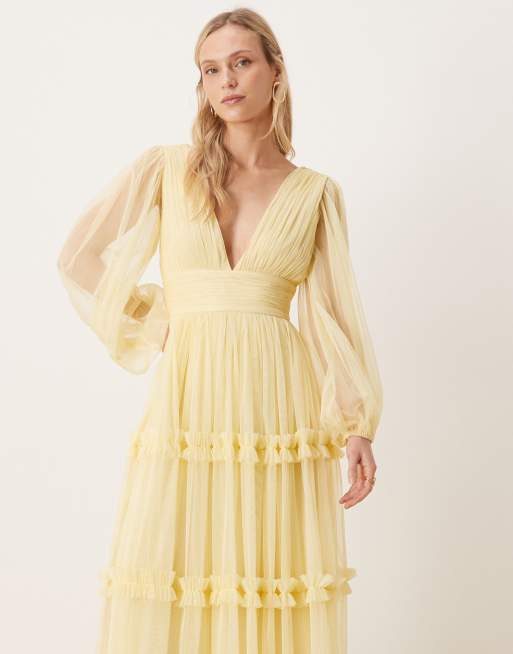 Lace & Beads Petite - Robe longue en tulle à col V et manches transparentes - Citron , 3 de 4