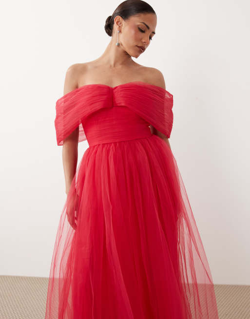 Lace & Beads Petite - Robe longue en tulle à épaules dénudées - Framboise, 2 de 4