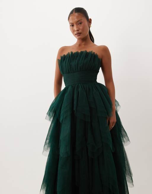 Lace & Beads Petite robe longue en tulle bandeau à volants vert émeraude, 3 de 4