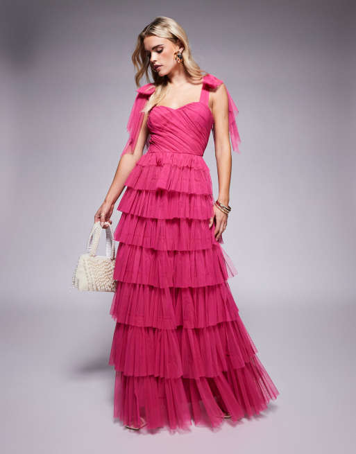 Lace & Beads Petite - Robe longue étagée en tulle avec nœud sur l'épaule - Rose