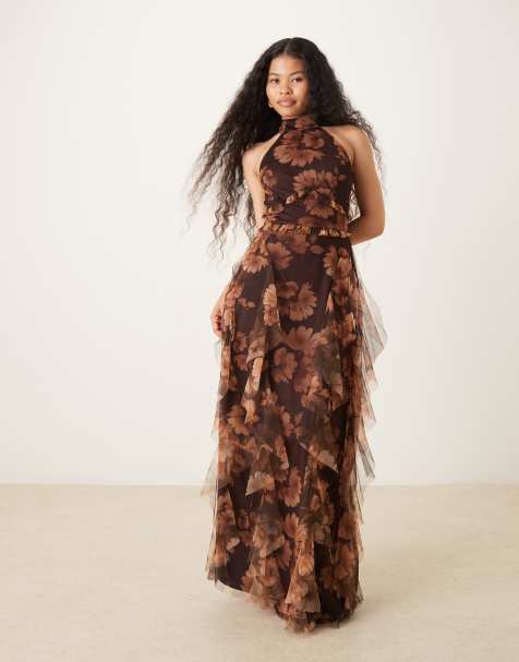 Lace & Beads Petite - Robe longue volantée à encolure licou et imprimé - Marron - view 1