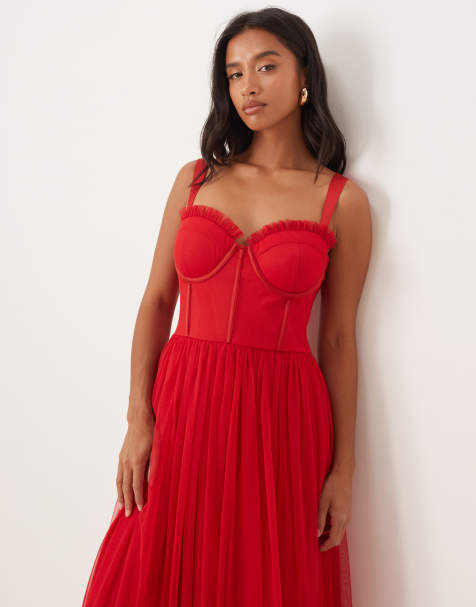 Lace & Beads Petite - Robe longueur mollet en tulle avec détail corset - Rose noire - view 1