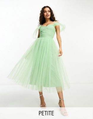 Lace & Beads Petite ruched tulle midaxi dress in apple green - ASOS Price Checker