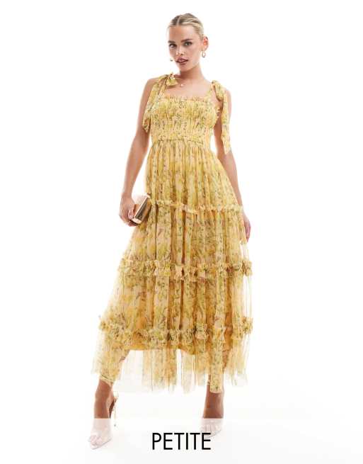 Lace & Beads Petite - Robe mi-longue à volants et épaules nouées - Jaune fleuri