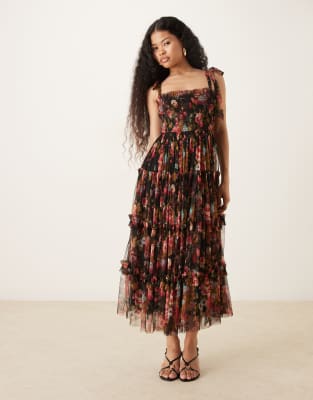 Robe mi-longue en tulle imprimé fleuri avec bretelles nouées - Noir 40