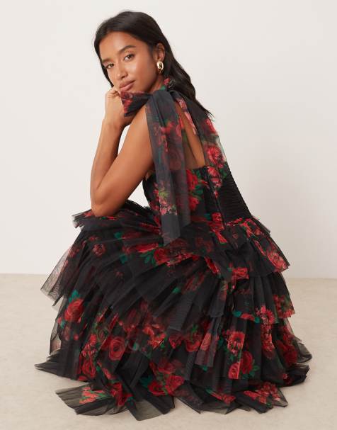 Lace & Beads Petite - Robe mi-longue froncée en tulle à épaules nouées à motif roses - Noir - view 1