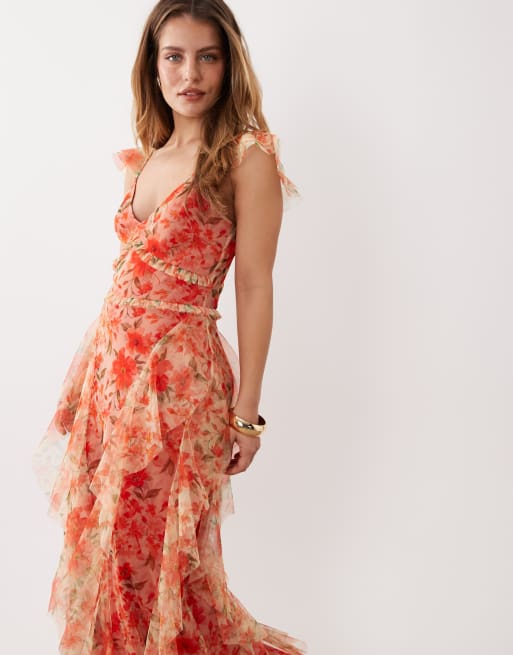 Lace & Beads Petite - Robe volantée longue en tulle imprimé fleuri - Rouge, 2 de 4