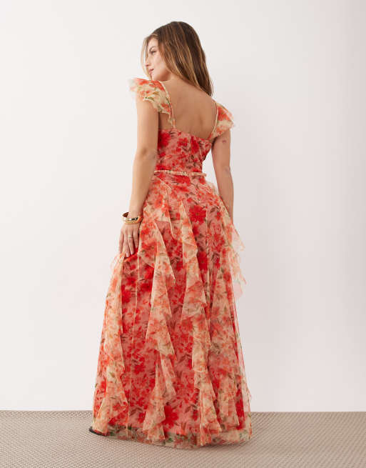 Lace & Beads Petite - Robe volantée longue en tulle imprimé fleuri - Rouge, 4 de 4