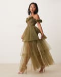 [Lace & Beads Petite] Lace & Beads Petite rosette corset maxi dress in deep olive-Green 8 Deep olive