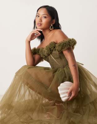 Lace & Beads Petite Rosette Corset Maxi Dress In Green