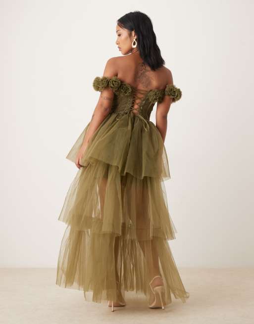 Lace & Beads Petite rosette corset maxi dress in deep olive | ASOS