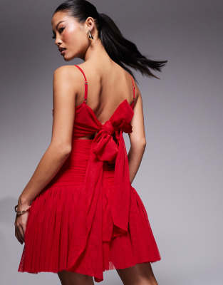 ruched bow back tulle mini dress in red