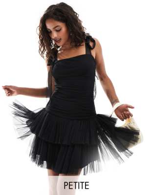 Lace & Beads Petite Ruched Bow Shoulder Tulle Mini Dress In Black In Black