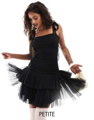 ruched bow shoulder tulle mini dress in black