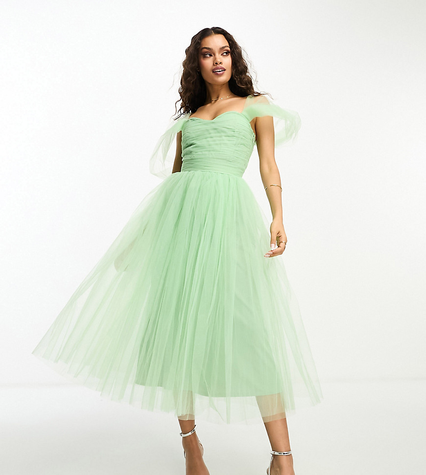 Lace & Beads Petite ruched tulle midaxi dress in apple green