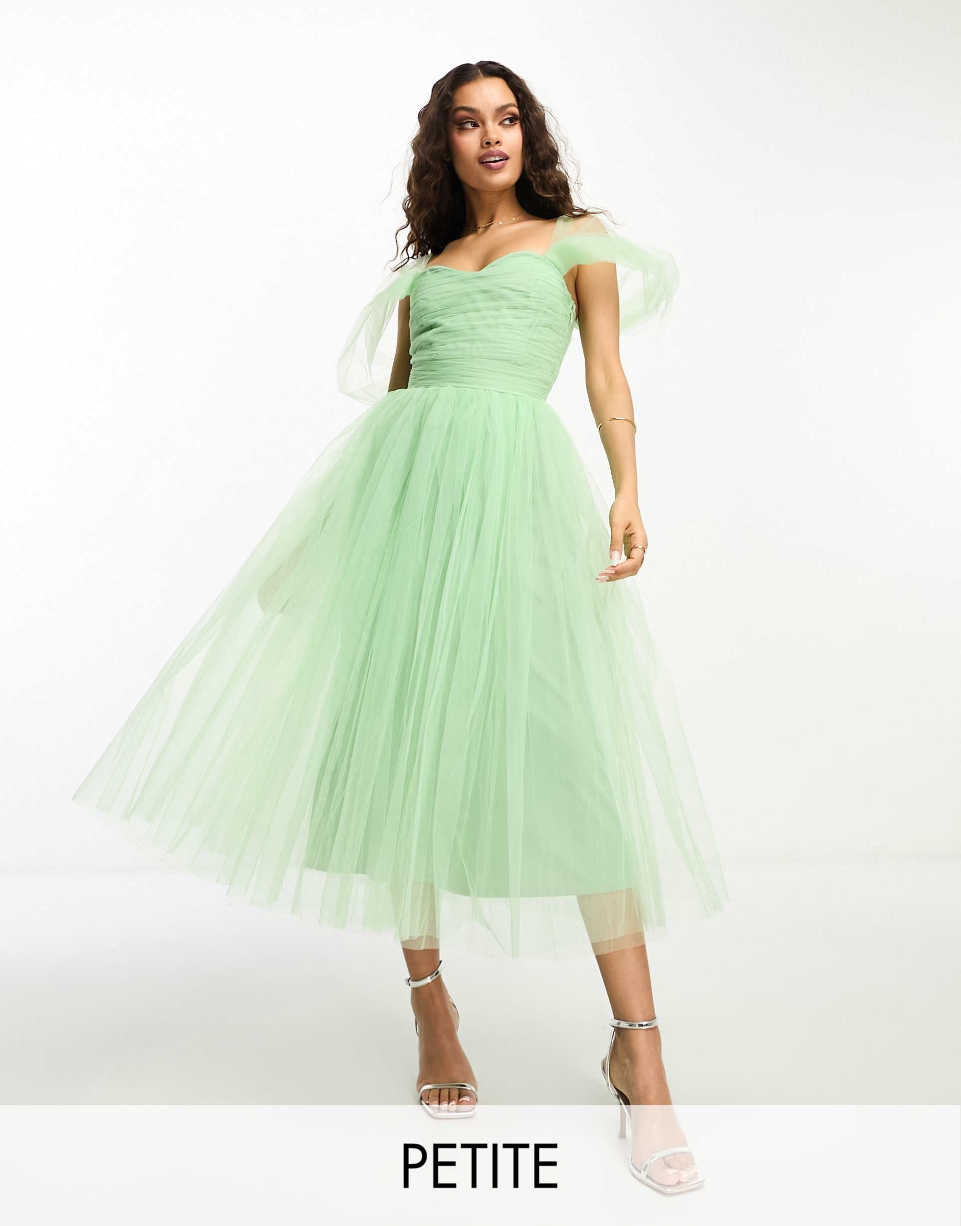 lace & beads petite ruched tulle midaxi dress in apple green