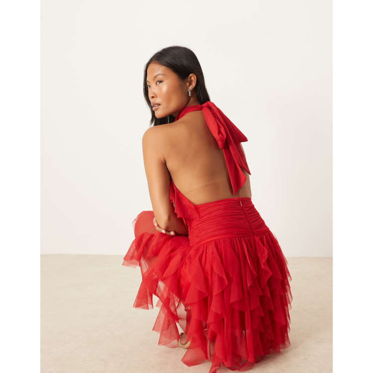 Lace & Beads Petite ruffle halter drop hem mini dress in red | ASOS