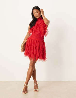 Lace & Beads Petite Ruffle Halter Drop Hem Mini Dress In Red