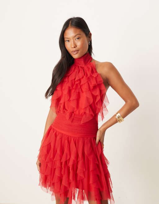 Lace & Beads Petite ruffle halter drop hem mini dress in red