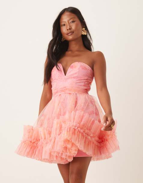Lace & Beads Petite ruffle hem sweetheart mini tulle dress in baby pink floral - view 1