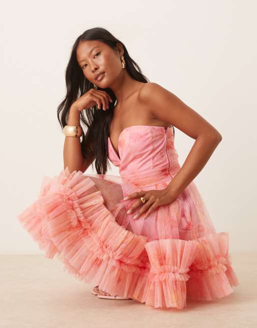 Lace & Beads Petite ruffle hem sweetheart mini tulle dress in baby pink floral
