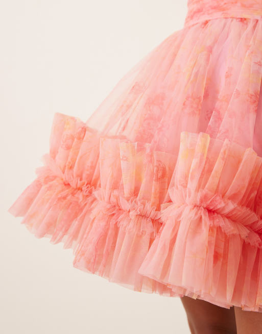 Lace & Beads Petite ruffle hem sweetheart mini tulle dress in baby pink floral