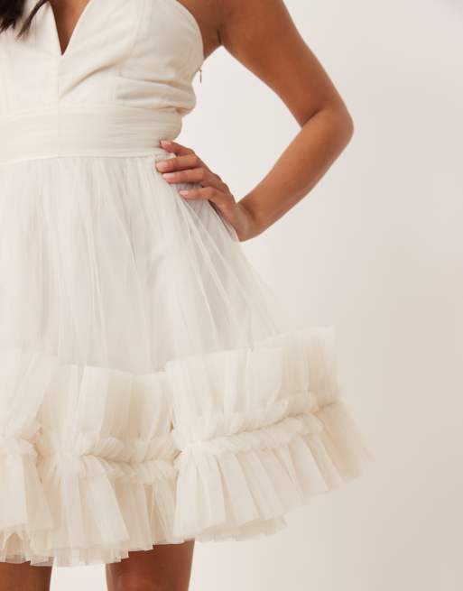Lace & Beads Petite ruffle hem sweetheart mini tulle dress in ivory-White