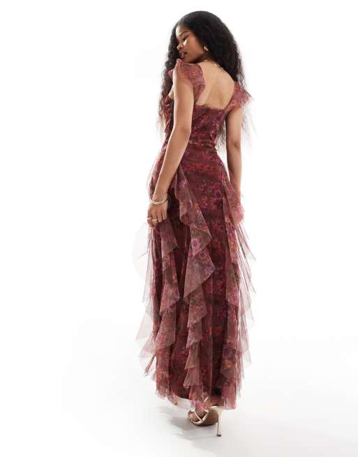 Lace & Beads Petite ruffle maxi dress in purple floral