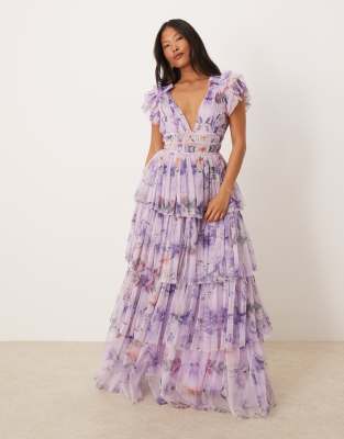 Lace & Beads Petite ruffle shoulder tiered tulle maxi dress