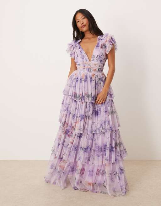 Lace & Beads Petite ruffle shoulder tiered tulle maxi dress