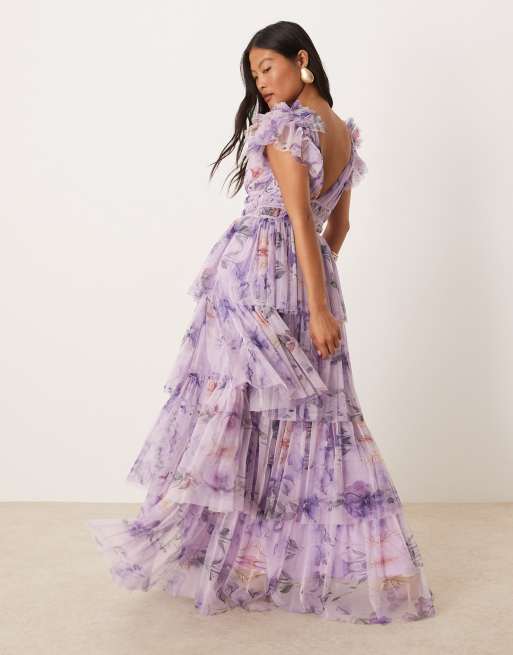 Lace Beads Petite ruffle shoulder tiered tulle maxi dress in