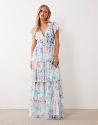 Lace & Beads Petite ruffle shoulders tiered tulle maxi dress in blue floral print