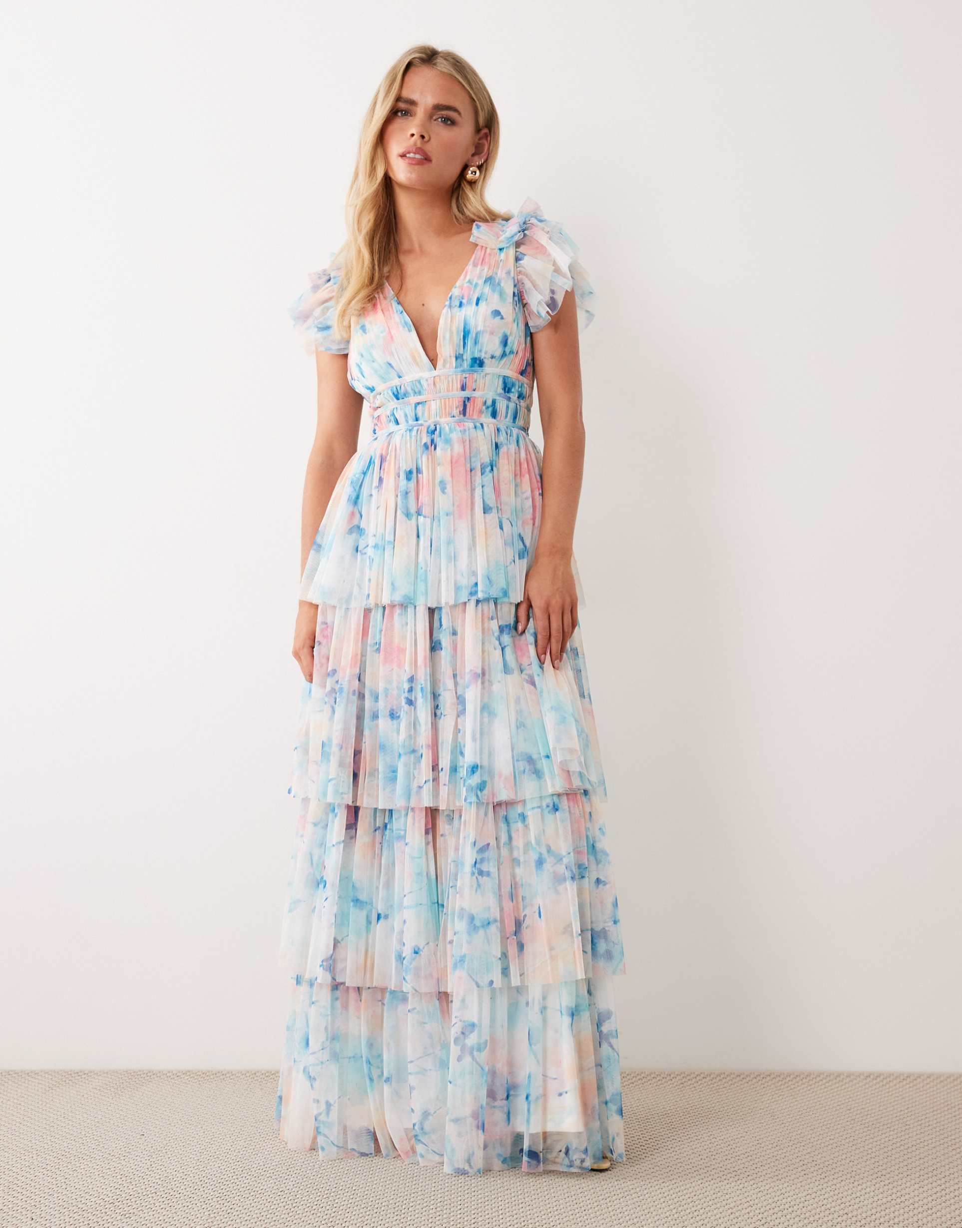 lace & beads petite ruffle shoulders tiered tulle maxi dress in blue floral print